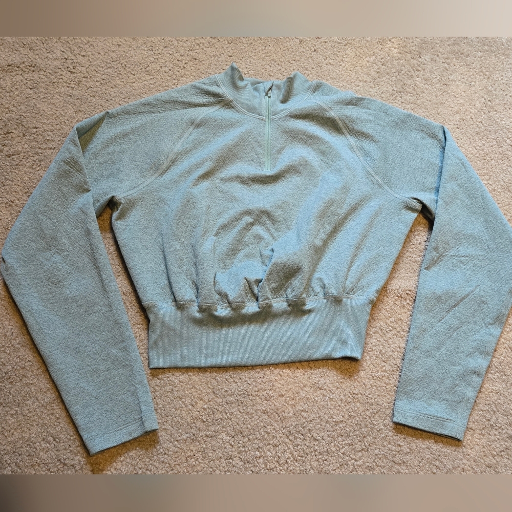 Gymshark Women's Cropped Light Blue Long Sleeve Quarter Zip - Size Medium
